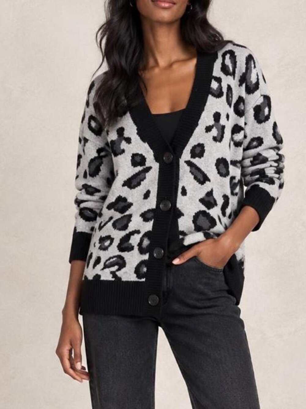 DESIGN HISTORY Grey Animal Print Cardigan - Small